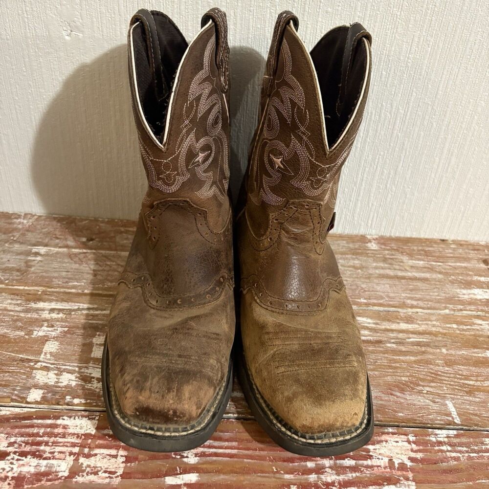 Justin’s Gypsy Square Toe Cowboy Boots Pink Stitching Brown Leather Women’s 11B